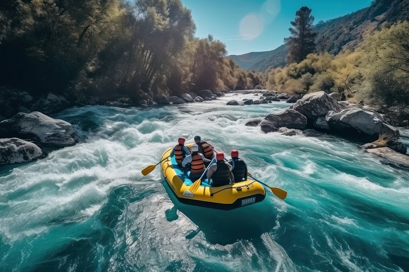 A group of young people rafting sports recreation.
